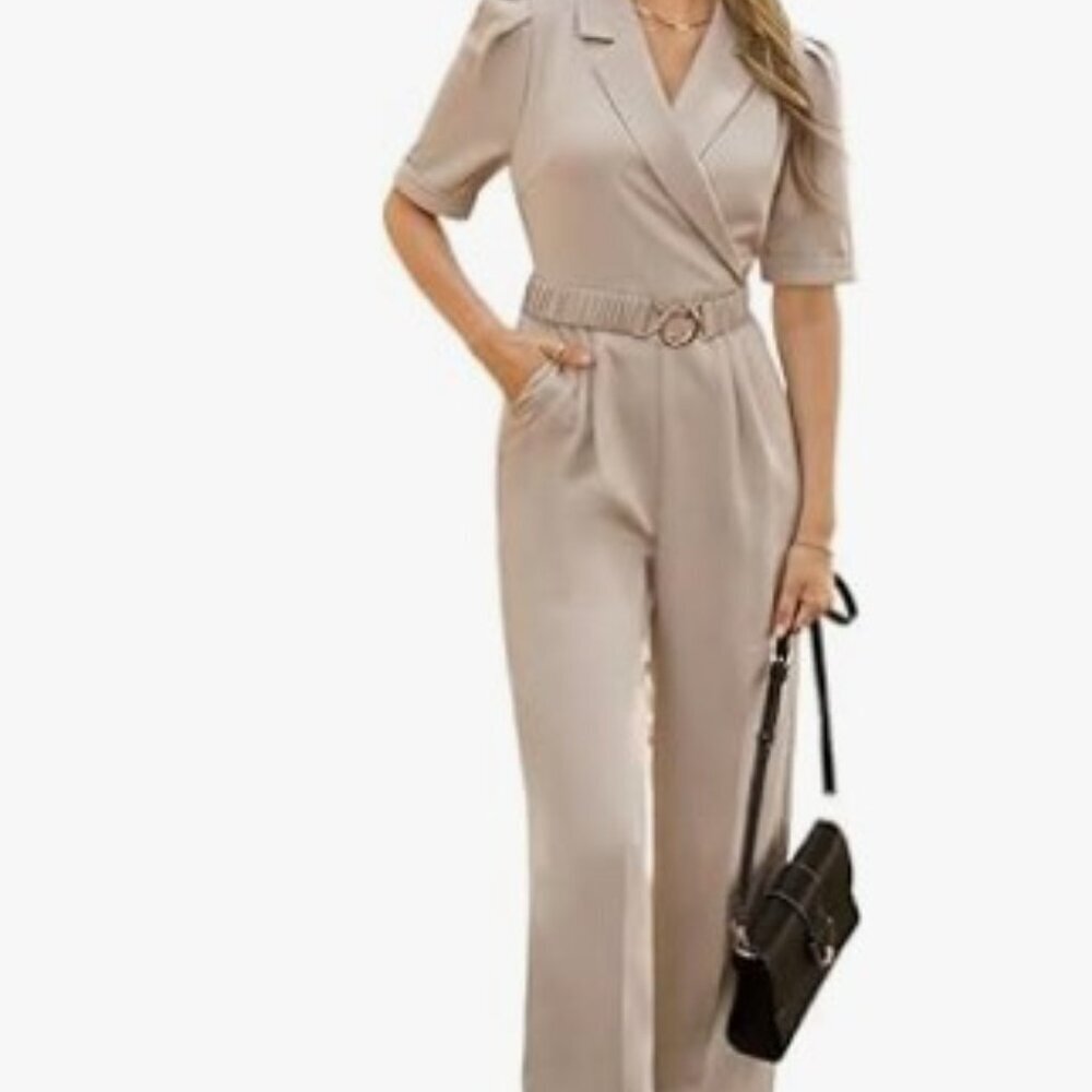 SHEIN Beige Belted Utility Jumpsuit Short Sleeve Wide Leg EU 40 US 8 10 - Picture 1 of 12